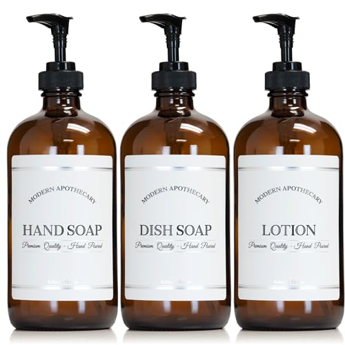 Amber Refillable Hand, Dish, Lotion Dispenser Set with Pumps for Kitchen Sink - Glass Boston Round Bottles - Waterproof Labels - 16 oz - 3 Pack - color: Black Plastic Pump