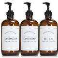 Amber Refillable Hand, Dish, Lotion Dispenser Set with Pumps for Kitchen Sink - Glass Boston Round Bottles - Waterproof Labels - 16 oz - 3 Pack - color: Black Plastic Pump