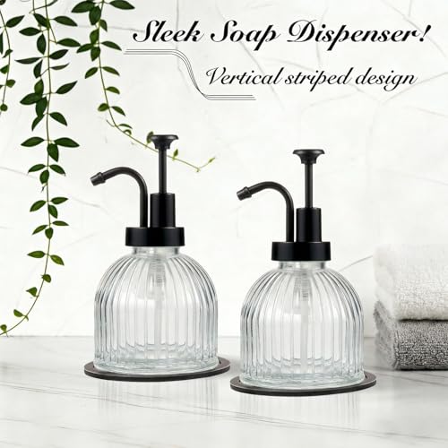 SheeChung 8 Oz Glass Soap Dispenser Bathroom, Clear Liquid Hand Soap Dispenser with Pump, Refillable Dish Soap Dispenser for Kitchen, Cute Modern Stripes Lotion Bottle, Shampoo (Black Pump, 1 Pack) - color: Clear-black Pump, 1 Pack