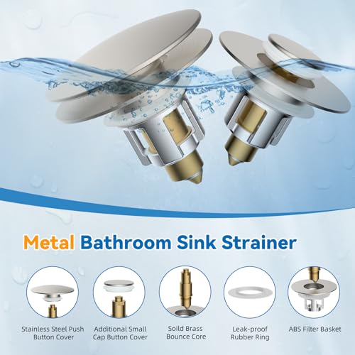 Universal Metal Bathroom Sink Stopper Hair Catcher Strainer, Brushed Nickel | Pop-Up Sink Drain Strainer with Detachable Filter, Drain Plug Fits 1.1"-2.36" US Basin, Large Cover Cap, Brass Bounce Core - color: Brushed Nickel