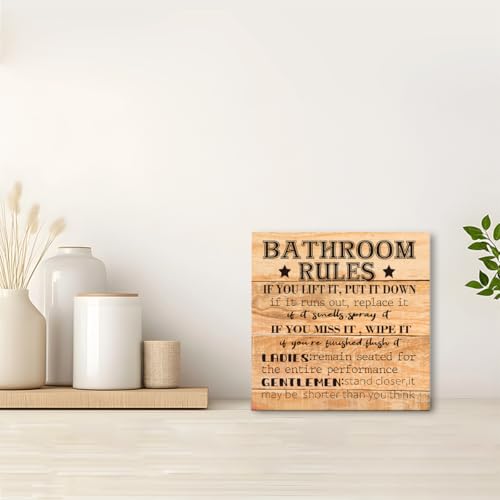 Funny Farmhouse Bathroom Wood Sign - Rules Block Sign for Shelf, Toilet, Restroom, Home, Tabletop, Desk Decor - Wooden Box Sign - color: Wood Color3