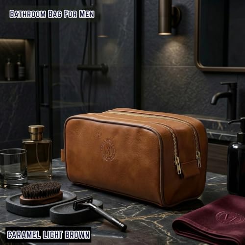 Mens Toiletry Bag, Premium PU Leather Travel Kit, Metal Zippers & Bottom Studs, Velvet Dust Bag & Shape-Retention Packaging – Gift Ready For Groomsmen, Anniversary, Birthday Gifts/CARAMEL BROWN - color: CARAMEL LIGHT BROWN
