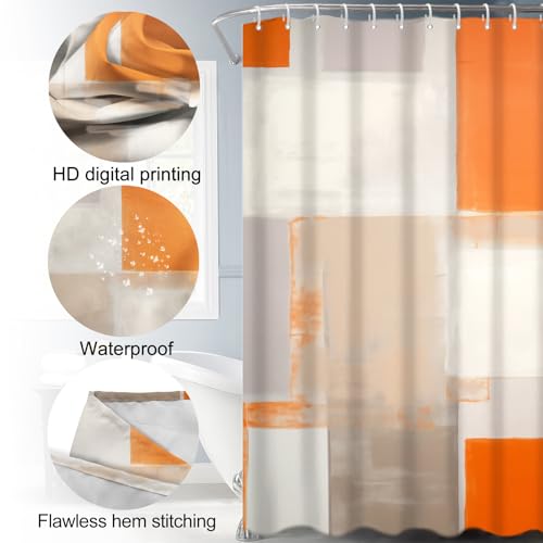 Lnond 4Pcs Bathroom Shower Curtain Sets with Rugs,Orange Brown Painting Art Bathroom Sets with Shower Curtain and Rugs and Accessories - color: Orange Brown White