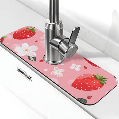 Kitchen Sink Splash Guard Faucet Mat, Pink Strawberry Cute Diatom Mud Absorbent Draining Mat For Kitchen Sink Bathroom - color: Pink Strawberry Cute, size: One Size