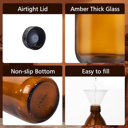 8 OZ / 250 ML Amber Glass Bottles for Vanilla Extract, 12 Pack | Leakproof, Empty Refillable Dispensing Bottles with Lids, for 2nd Fermentation, Kombucha Brewing, Homemade Solutions