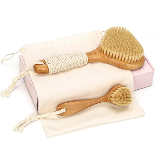 eaxun Bamboo Dry Brushing Set with Body and Face Brush, Dry Scrub Brush with Exfoliating Natural Boar Bristle for Lymphatic Drainage, Cellulite Reduction, Blood Circulation and Glowing Skin, 2 Pack - color: Boar Bristles