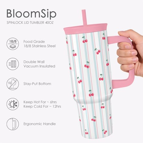 SANDJEST Cherry Stainless Steel Locking Lid Silicone Straw Tumbler with Handle 40oz, Insulated Stainless Steel Travel Cup for Women Girls Friends, Gift Idea for Birthday Christmas - color: Cherry