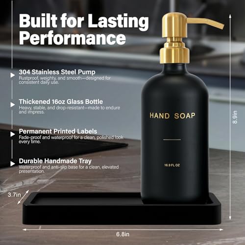 Prus Waso Black Soap Dispenser for Kitchen Sink, Hand and Dish Soap Dispenser with Stainless Steel Pump, Perfect for Gold Kitchen Accessories. (Gold & Black) - color: Hd Gold Pump & Black Bottle