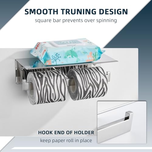 Angle Simple Double Toilet Paper Holder with Shelf Polished Chrome, 304 Stainless Steel Toilet Tissue Roll Holder Wall Mount - color: Polished Chrome, size: Double Rod