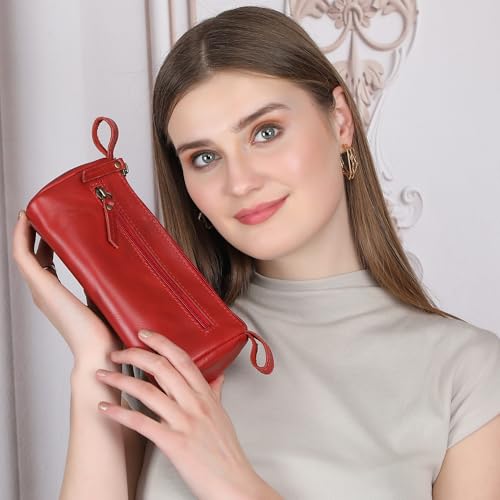 Leather Makeup Bag for Women – Genuine Leather Cosmetic Bag Travel, Handmade Zippered Makeup Pouch, Small Toiletry Bag, Shaving Kit & Stationery Organizer- Red - color: Red