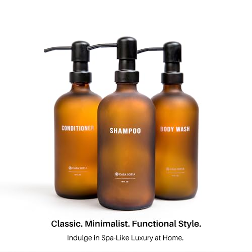 Frosted Amber Glass Shampoo and Conditioner Dispenser Set – Refillable 16 oz Pump Bottles with Concrete Tray – Luxury Bathroom Organization & Modern Shower Soap Dispensers - color: Frosted Amber Glass