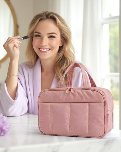 BAGSMART Travel Toiletry Bag, Puffy Large Toiletry Bag for Women, Lightweight Cosmetic Makeup Bag Organizer with Handle for Traveling, Accessories, Essentials, Toiletries （Dark Pink - color: A-Dark Pink