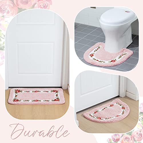 Timgle 4 Pcs Rose Flowers Coquette Bathroom Rugs Set Coquette Doom Decor Rose Flower Area Rugs Non Slip Absorbent Washable Door Mat Floral Bathroom Carpet for Home Hotel, 4 Shapes(Pink) - color: Pink