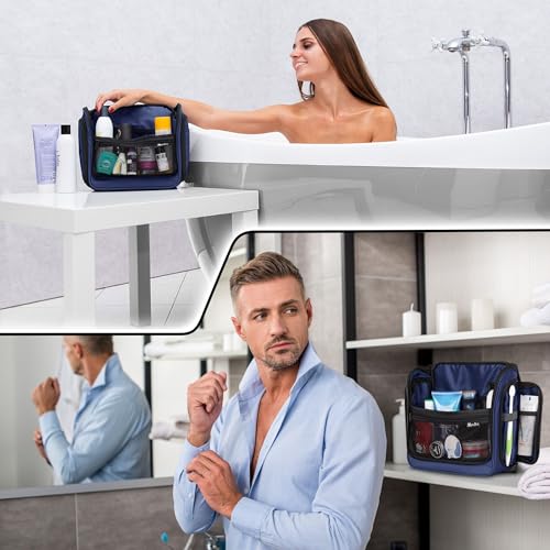 Travel Toiletry Bag for Men and Women - (10.6”x10.6”x3.2”) Large Hanging Toiletry Organizer - Waterproof Hygiene Bag with Metal XXL Swivel Hook, with Sturdy Zippers and 19 Compartments for Toiletries - color: L Navy Blue
