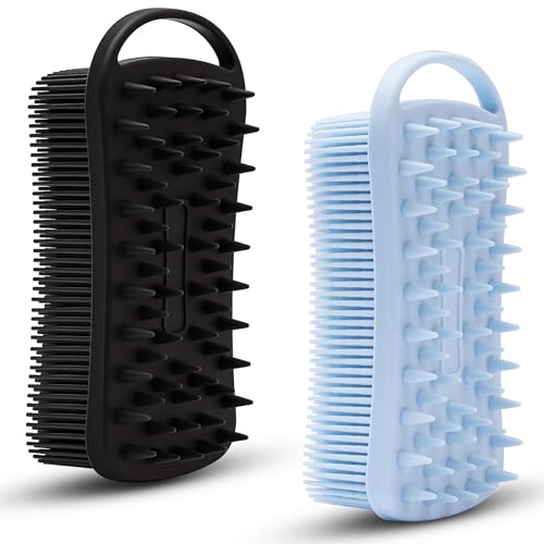 MtBoi 2 PC Silicone Body Scrubber, 2 in 1 Exfoliating Shower Bath Scrubber, Soft Silicone Loofah for Sensitive Skin, Shower Hair Scalp Massager, Easy to Clean, Lather Well (Blue&Black) - color: Blue&black