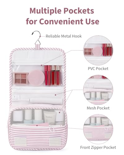 Narwey Small Hanging Toiletry Bag for Travel Women Girl, Striped Toiletries Travel Bag with Hook, Hanging Makeup Bag Organizer Make Up Cosmetic Bags, Gifts for Kids Teen (Dusty Pink Stripe) - color: Y-Dusty Pink Stripe