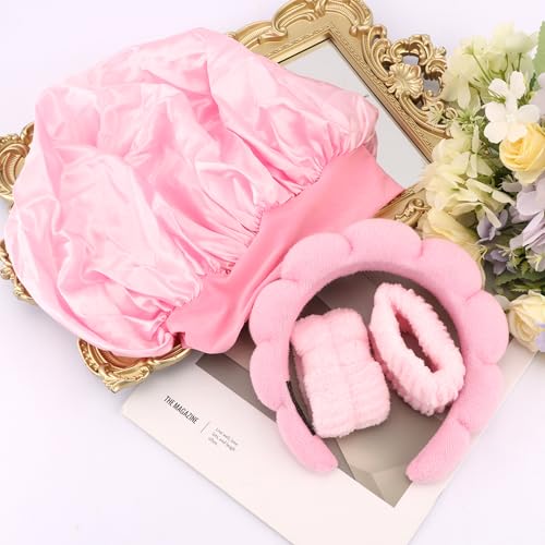 Pink Headband Hair Bonnet For Sleeping Shower Cap For Women Reusable Waterproof Skincare Head Bands Hair Accessories For Women Satin Bonnet Spa Headband Wrist Bands for Washing Face