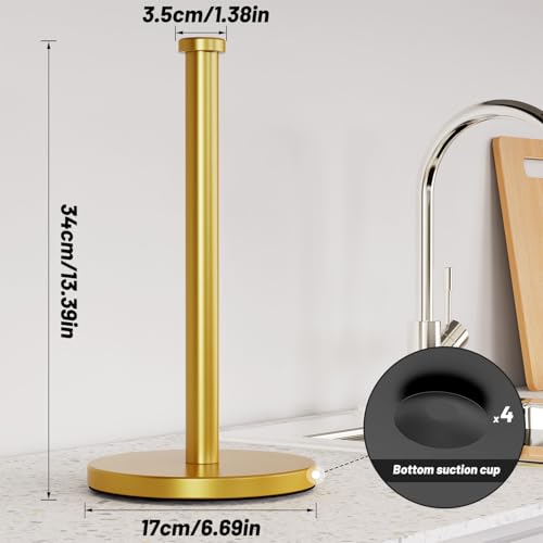 VEHHE Gold Paper Towel Holder Stand, Paper Towel Holder with Weighted Base and Suction Cups for Kitchen Bathrooms - color: Suction Base | Gold