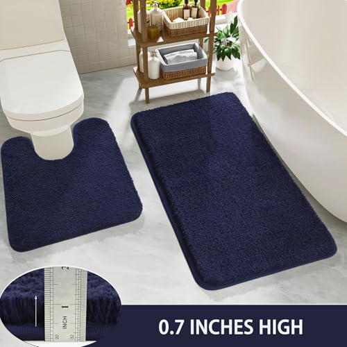 HOMORE Bathroom Rug Set 2 Piece,Soft Absorbent Bath Mats Set,Machine Washable Navy Blue Bath Rug Sets for Bathroom Non Slip,(21"x34"+21"x21") Plush Shaggy U Shape Contour Toilet - color: Navy Blue