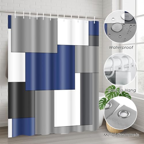 Navy Blue Geometric Shower Curtain Set with Toilet Lid Cover and Non-Slip Rugs for Bathroom, Black White Grey Checkered 4 Pcs Shower Curtain, Modern Abstract Bathroom Set with 12 Hooks - color: Abstract Geometric Dark Blue