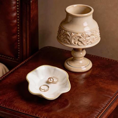 Ceramic Lotus Leaf Trinket Dish, Ring Holder for Jewelry | Keeps earrings, necklaces, keys, and keepsakes handy on vanities or nightstands, a sweet gift for moms, sisters, and friends - color: white