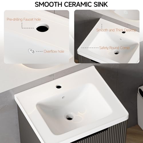 ONBRILL Modern Bathroom Vanity with Sink Combo, Curved Floating Bath Vanity with 2 Drawers, Wall Mount Bathroom Vanities with Integrated Ceramic Sink for Small Space, Apartment (Black, 24") - color: Black, size: 24"