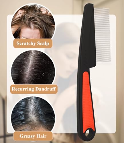 Dandruff Comb Removal 0.5mm Metal Fine Tooth Scalp Detox Hair Care Tool 1PC | Build Up Flakes Lice Comb, Stainless Steel Teeth, Self Cleaning, Scalp Massage, Anti Slip Handle, for Women Men Kids, Red - color: 1PC Red