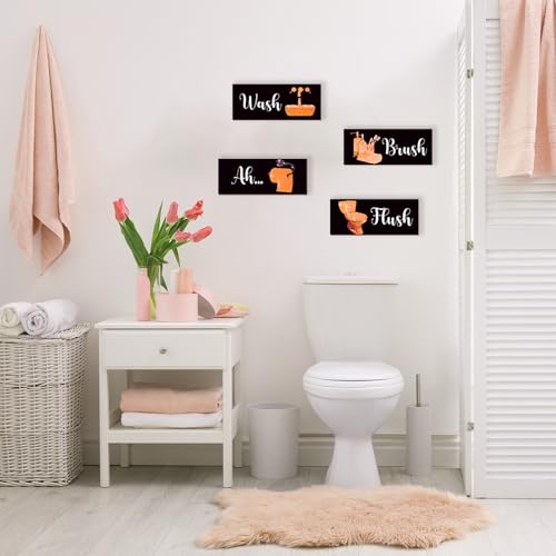 4 Pcs Orange Bathroom Decor Funny Orange And Black Wall Art Wooden Bathroom Accessories Modern Glitter Set for Home Toilet Decoration 10x4 Inches - color: Orange, size: 10 X 4 Inch