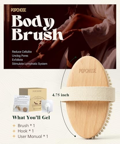 POPCHOSE Dry Brushing Body Brush, Natural Bristle Dry Skin Exfoliating Brush Body Scrub for Flawless Skin, Cellulite Reduction, Lymphatic Drainage and Blood Circulation Improvement - size: 1 Count (Boar Bristles)