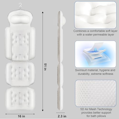Luxury Full Body Bath Pillow for Bathtub, Bath Pillows for Tub with Mesh Laundry Bag, Cushion for Bathtub Headrest Neck Back Support - 5D Air Mesh & Quick Drying | White 51" x 16" - size: 51" x 16"