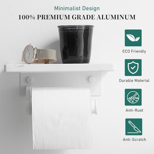 Hoimpro White Aluminum Toilet Paper Holder with White Natural Marble Shelf, Wall Mounted Tissue Hand Paper Roll Storage Holder for Bathroom Kitchen Washroom Bedroom - color: White