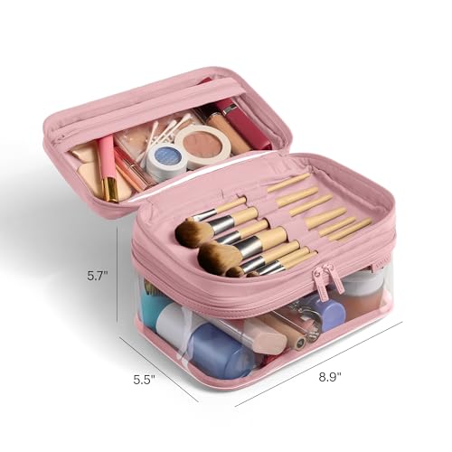 Away Clear Cosmetic Case - Water-Repellent Transparent Cosmetic Bag with 2 Compartments, Brush Holder, Interior Zip Pocket - Blush Pink - color: Blush Pink