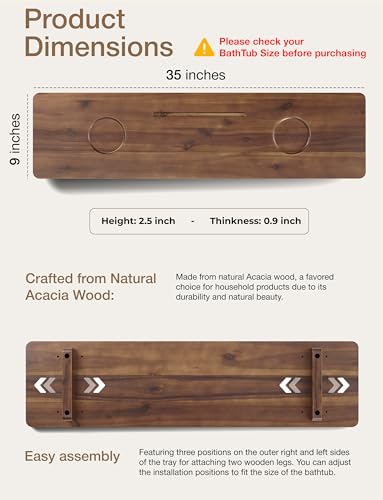 Tinamo 35”L Wooden Bathtub Tray, Bathtub Caddy Tray For Tub with Tablet Slot & Wine Holder - Acacia Bath Tray For Tub, Bath Table - Bathtub Tray Table with Adjustable Legs (Walnut color, 35"x 9"x2.5") | Acacia Wood, 35" x 9" x 2.5", Adjustable Width, Beve