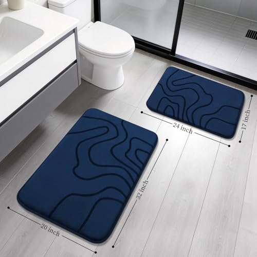 YIHOUSE Memory Foam Bathroom Rugs Sets 2 Piece - Extra Thick Ultra Soft Absorbent Bath Mat Set, Non-Slip Machine Washable Bath Rugs for Bathroom, Tub & Shower, Home Decor (32"x20"+24"x17", Dark Blue) - color: Dark Blue, size: 1'5" x 2'8" (17"x24"+20"x32")