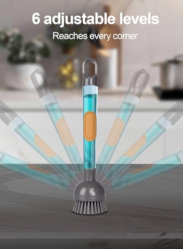 Soap Dispensing Dish Brush with Handle, 360° Rotating Head, 5-Piece Kitchen Cleaning Set (2 Brush Heads & 3 Sponges), Non-Scratch Scrubber for Pot, Pan, Sink, Leak-Proof Dishwand, Grey - color: Gray