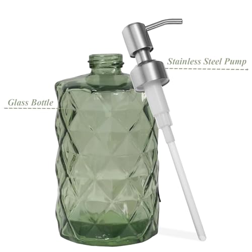 12Oz Green Glass Soap Dispenser with Stainless Steel Pump, Refillable Kitchen Liquid Hand Soap Dispenser with Diamond Design, for Dispense Hand soap, Dish Soap, Lotion, Bathroom, Countertop, Hotel - color: Green Diamond
