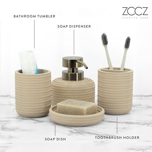 ZCCZ Beige Bathroom Accessories Set 4 Pcs - Toothbrush Holder, Soap Dispenser, Vanity Tray, Tumbler - Countertop Organizer for Bathroom Decor - Stylish and Functional Accessory Set for Home - color: Beige 4pcs