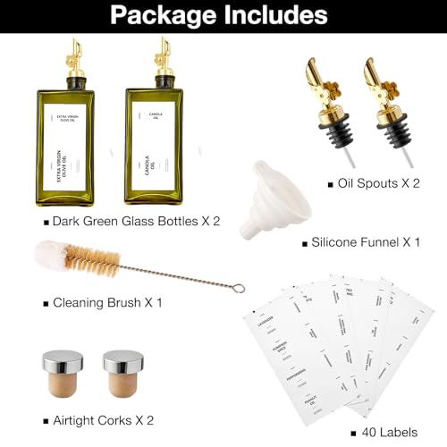 Olive Oil Dispenser Bottle for Kitchen, 16.9oz /500ml Cooking Vinegar Dispenser Bottle Set, Glass Sauce Container, Labels, Brush, Funnel, Stoppers, Green for Oil, Wine - color: Golden