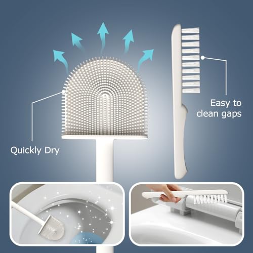 3 Pack Silicone Toilet Brushes & Holders– Includes 3 Crevice Brushes for Bathroom, Long Non-Slip Handle – Durable Bathroom Cleaning Set. - size: Pack of 3