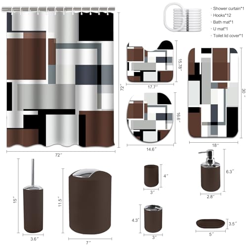 Lnond Brown Bathroom Set, 23-Piece Brown Geometric Bathroom Decor Set with with Shower Curtain and Rugs, Trash Can, Toilet Brush Holder Set & Soap Dispenser - style: Brown Geometric