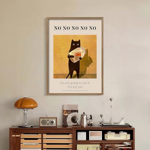 Framed Funny Canvas Wall Art with Black Cat and Fish Humorous Print modern Gallery Whimsical Pet Themed Artwork Home Decor Living Room Bedroom Office 16x24 Inch Ready to Hang - color: Black Cat and Fish, size: 16L" x 24W"
