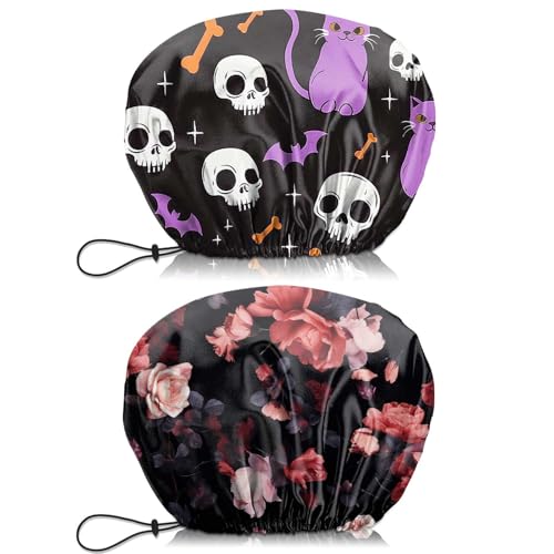 2 PCS Shower Cap Waterproof Double Layer Elastic Adjustable Reusable Hair Bath Caps for Girls Women Cute Aesthetic-Purple Red - color: G20-Purple Red