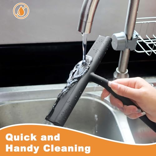 Squeegee for Shower Glass Doors, Resilient Loop - No-Drill & Adhesive Hook, Silicone Shower Squeegee with Stainless Steel Core, Cleaning Tool for Home, Kitchen, Bathroom & Car - Black - color: Black, size: with loop