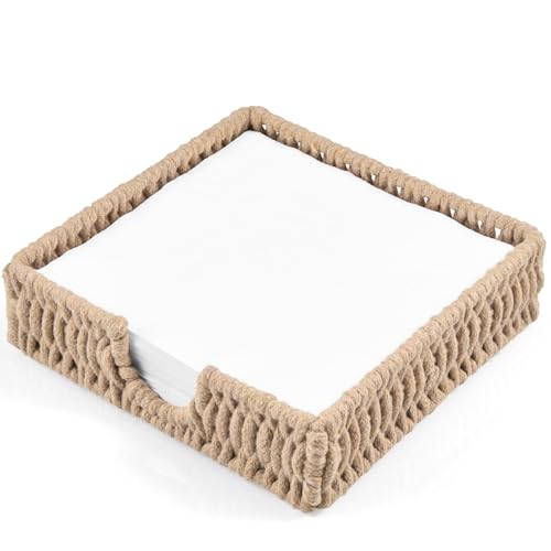 Napkin Holder for Table, Woven Cotton Rope Napkin Holders For Paper Napkins, Wicker Napkin Holders for Kitchen Dinner Table Boho Decor and Accessories, Square Napkin Basket and Serving Tray - color: Light Khaki, size: 7.2"L x 7.2"W x 2.2"H