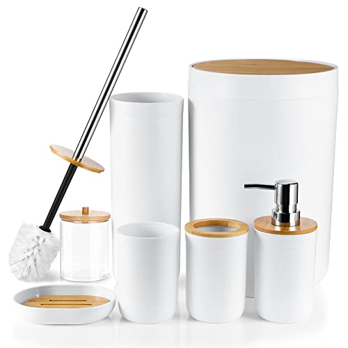 Otostar Bamboo Bathroom Accessory Set 6 Piece Bathroom Accessories Set Plastic Gifts Bath Set with Toothbrush Holder Soap Dispenser Qtip Holder Tumbler Soap Dish Toilet Brush Holder Trash Can (White) - style: A-White Bamboo Cover Set