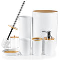 Otostar Bamboo Bathroom Accessory Set 6 Piece Bathroom Accessories Set Plastic Gifts Bath Set with Toothbrush Holder Soap Dispenser Qtip Holder Tumbler Soap Dish Toilet Brush Holder Trash Can (White) - style: A-White Bamboo Cover Set