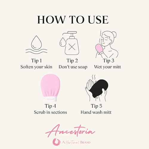 Ancestoria Korean Exfoliating Gloves for Shower, Pink and Black, 2-Pack, Deep Exfoliating Mitts for Body, Reusable and Chemical-Free, A HerTime2 Brand