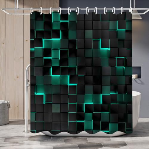 LQCOOL 4Pcs Green Shower Curtain Set 3D Cubes Bathroom Sets Modern Shower Curtain Set for Bathroom Sets with Rugs Black and Green Shower Curtain with 12 Hooks - color: Black Green