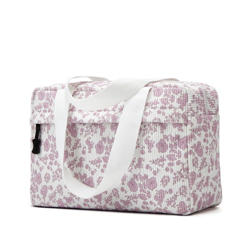 Large Makeup Bag for Women Corduroy Cosmetic bag Make up Bags Zipper Pouch with handle Cosmetic Organizer Toiletry Bag for Travel Storage - color: 16-Pink Flower