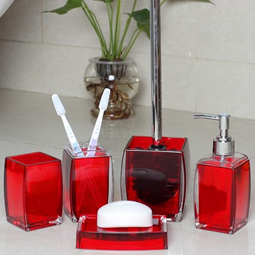 5 Pcs Red Acrylic Bathroom Accessories Set Complete, Lotion/Soap Dispenser, Soap Dish, Toothbrush Holder, Tumbler, Toilet Brush and Holder, Modern Bathroom Decor and Housewarming Gift Set,Red - color: Red